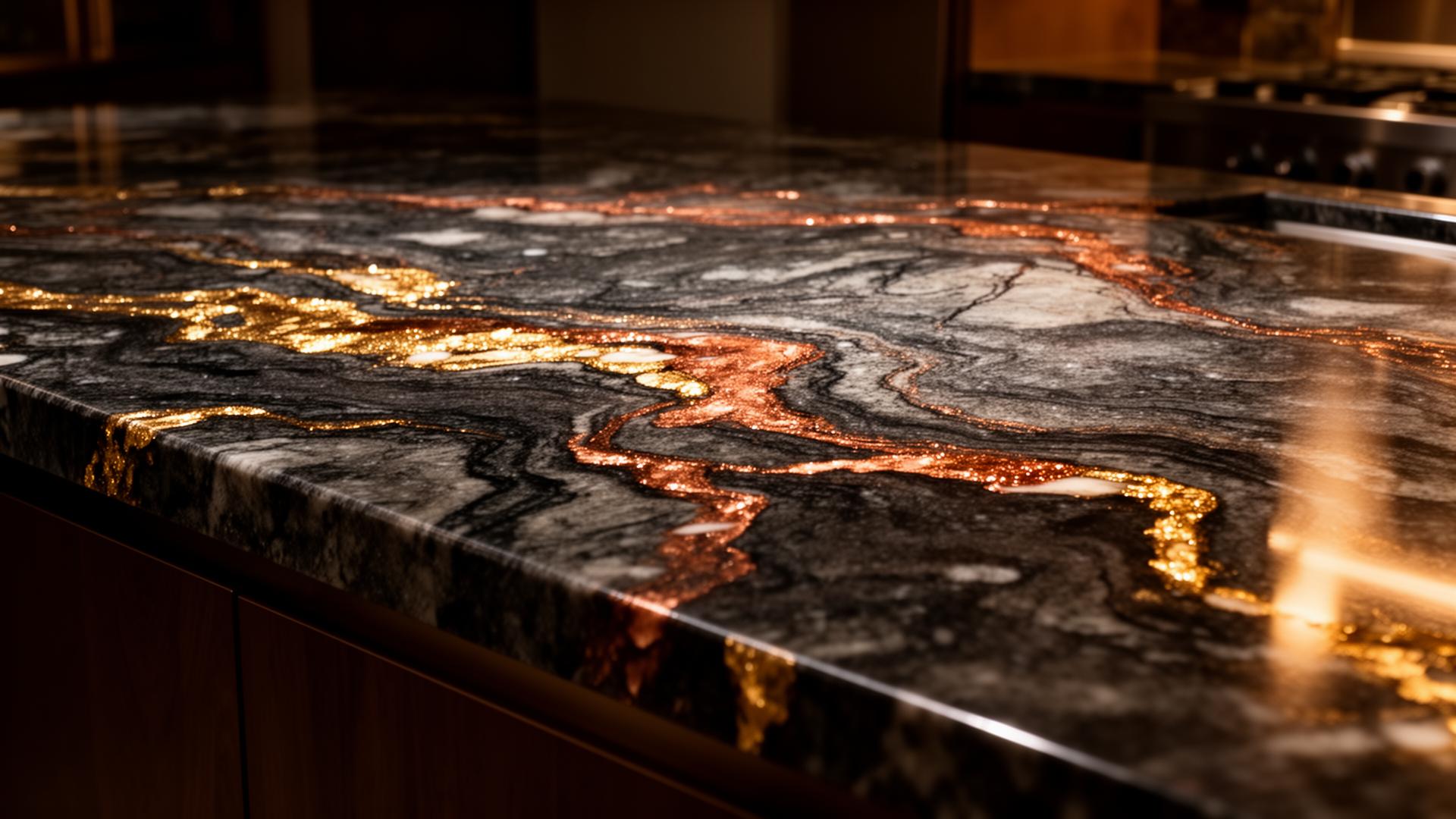 Polished granite countertop with copper veining